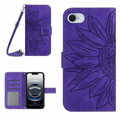 For iPhone 16e Skin Feel Sun Flower Embossed Flip Leather Phone Case with Lanyard(Dark Purple) by bashfashion