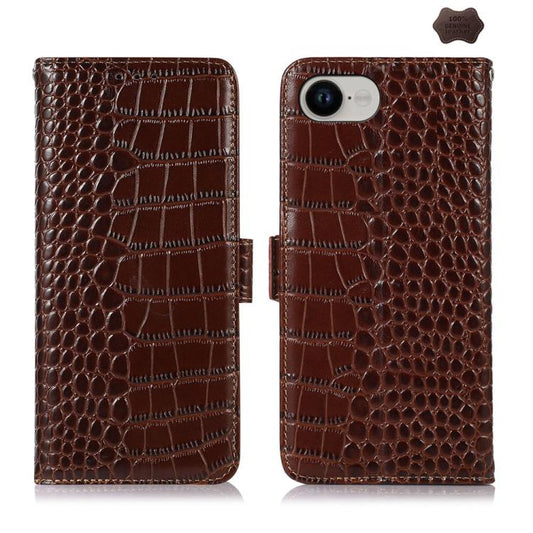 For iPhone 16e Crocodile Top Layer Cowhide Leather Phone Case(Brown) by bashfashion