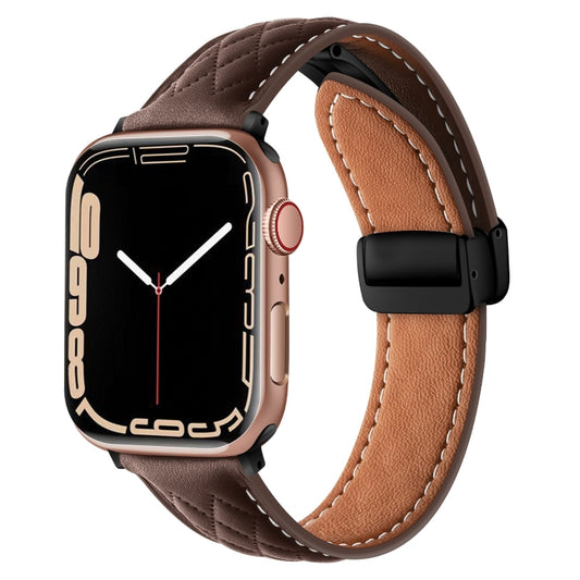 For Apple Watch 8 45mm Folding Buckle Rhombus Leather Watch Band(Coffee) by bashfashion