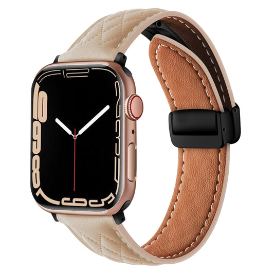 For Apple Watch 8 45mm Folding Buckle Rhombus Leather Watch Band(Apricot) by bashfashion
