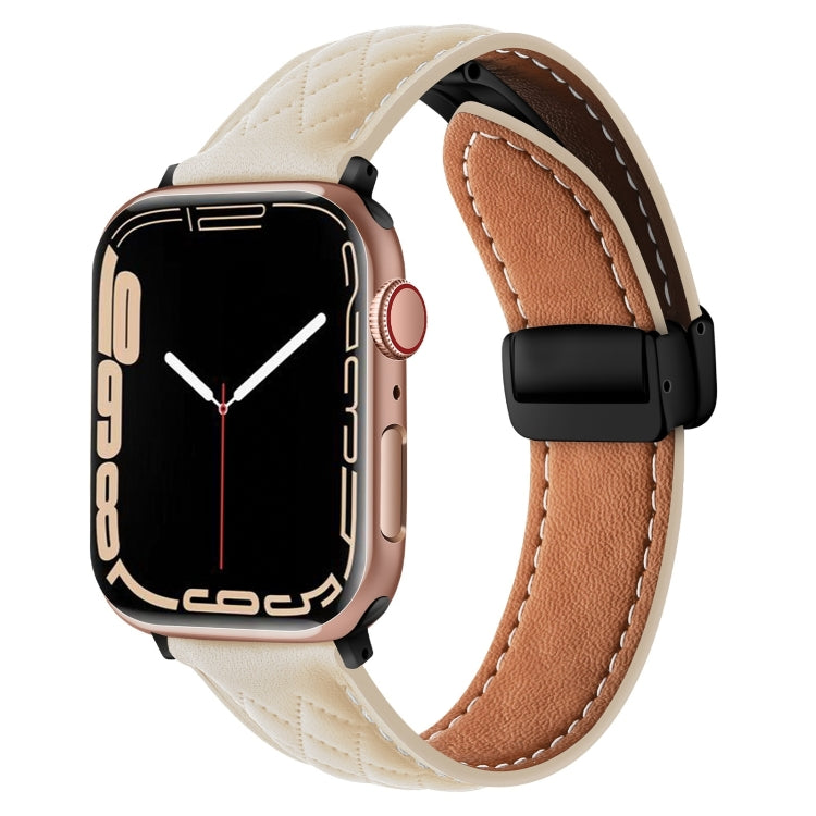 For Apple Watch SE 2023 44mm Folding Buckle Rhombus Leather Watch Band(Starlight) by bashfashion