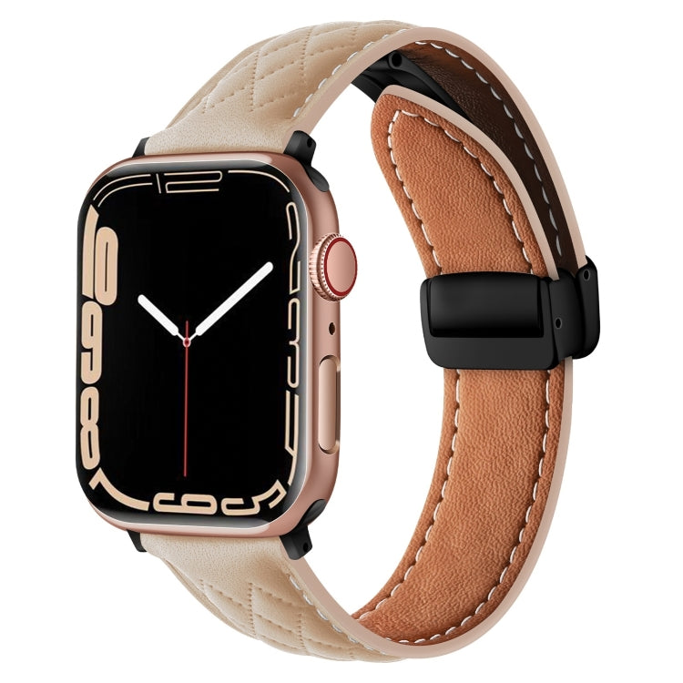 For Apple Watch SE 2023 44mm Folding Buckle Rhombus Leather Watch Band(Apricot) by bashfashion