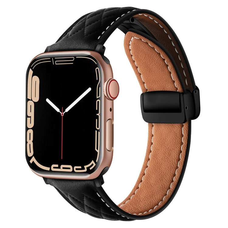 For Apple Watch SE 2023 40mm Folding Buckle Rhombus Leather Watch Band(Black) by bashfashion