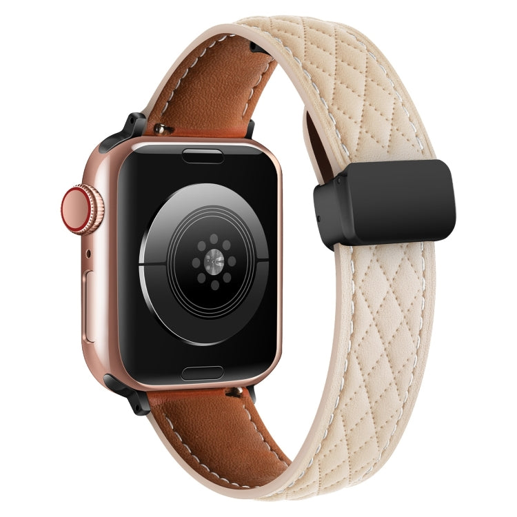 For Apple Watch 9 45mm Folding Buckle Rhombus Leather Watch Band(Apricot) by bashfashion