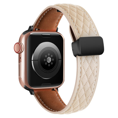 For Apple Watch 9 41mm Folding Buckle Rhombus Leather Watch Band(Apricot) by bashfashion