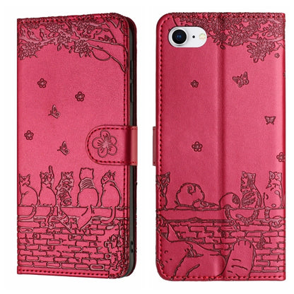 For iPhone 16e Cat Embossing Pattern Leather Phone Case with Lanyard(Red) by bashfashion
