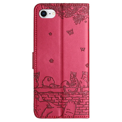 For iPhone 16e Cat Embossing Pattern Leather Phone Case with Lanyard(Red) by bashfashion