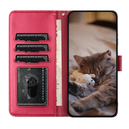 For iPhone 16e Cat Embossing Pattern Leather Phone Case with Lanyard(Red) by bashfashion