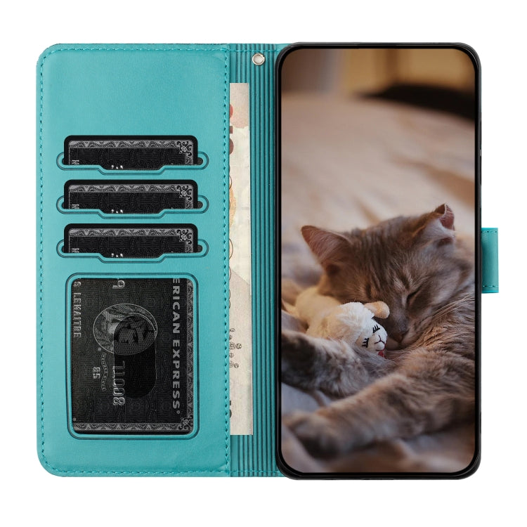 For iPhone 16e Cat Embossing Pattern Leather Phone Case with Lanyard(Blue) by bashfashion