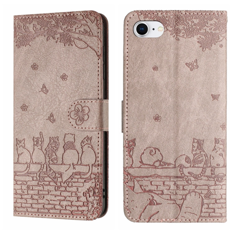 For iPhone 16e Cat Embossing Pattern Leather Phone Case with Lanyard(Grey) by bashfashion