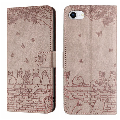 For iPhone 16e Cat Embossing Pattern Leather Phone Case with Lanyard(Grey) by bashfashion