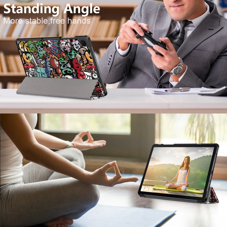 For Samsung Galaxy Tab A9 2023 Custer Painted 3-Fold Holder Smart Leather Tablet Case(Graffiti) by bashfashion