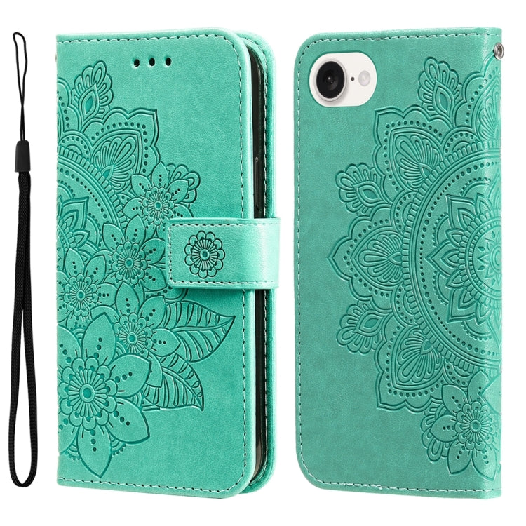 For iPhone 16e Seven-petal Flowers Embossing Leather Phone Case(Green) by bashfashion