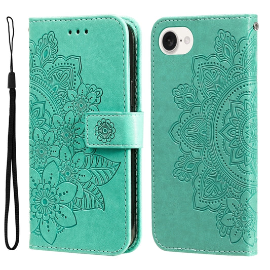 For iPhone 16e Seven-petal Flowers Embossing Leather Phone Case(Green) by bashfashion