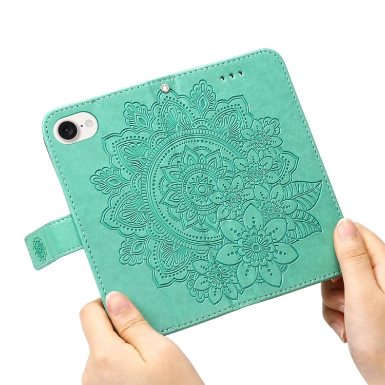 For iPhone 16e Seven-petal Flowers Embossing Leather Phone Case(Green) by bashfashion
