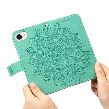 For iPhone 16e Seven-petal Flowers Embossing Leather Phone Case(Green) by bashfashion