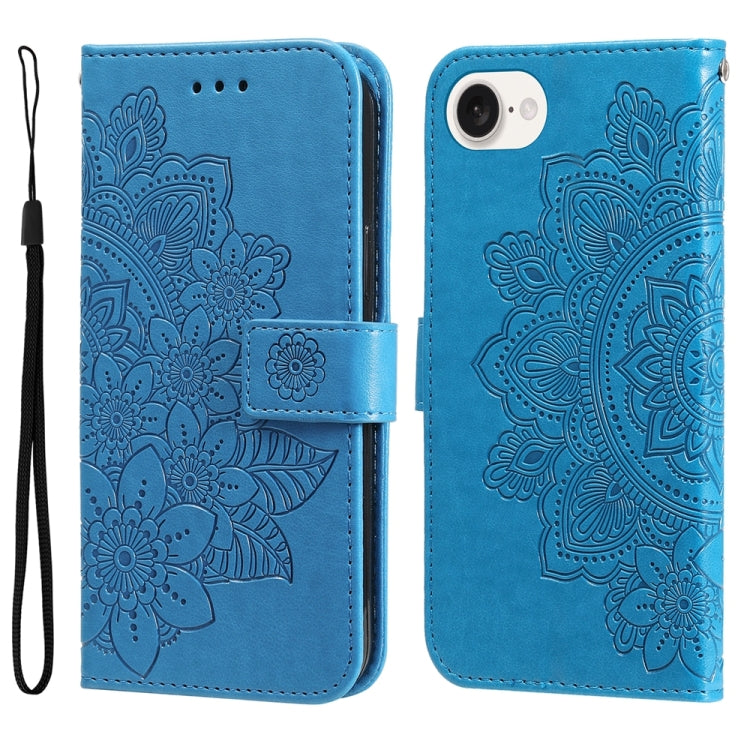 For iPhone 16e Seven-petal Flowers Embossing Leather Phone Case(Blue) by bashfashion