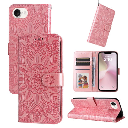 For iPhone 16e Embossed Sunflower Leather Phone Case(Pink) by bashfashion