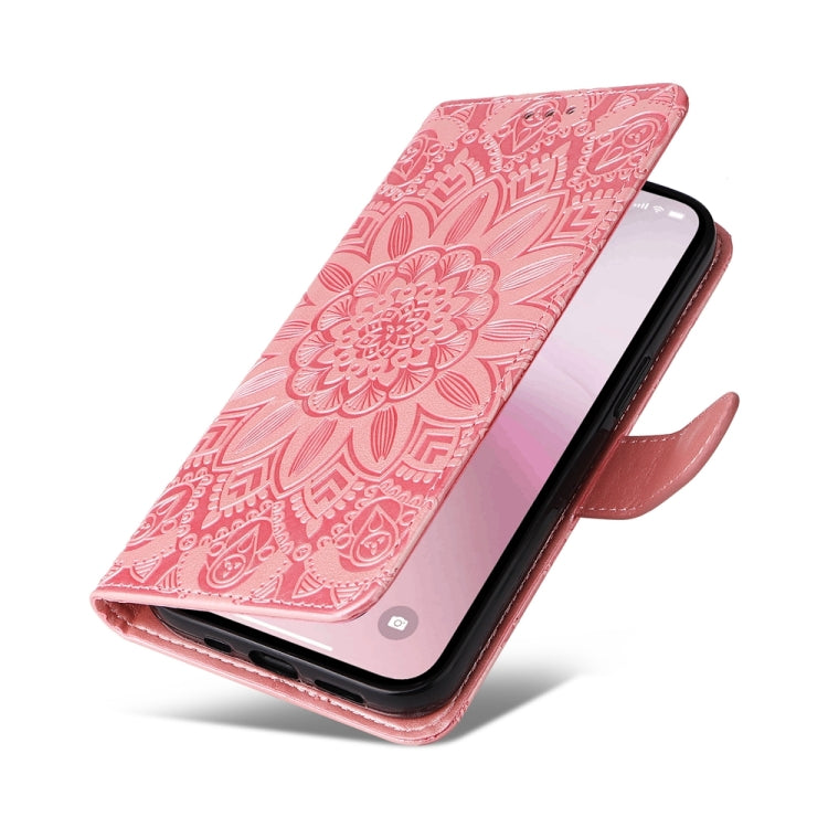 For iPhone 16e Embossed Sunflower Leather Phone Case(Pink) by bashfashion