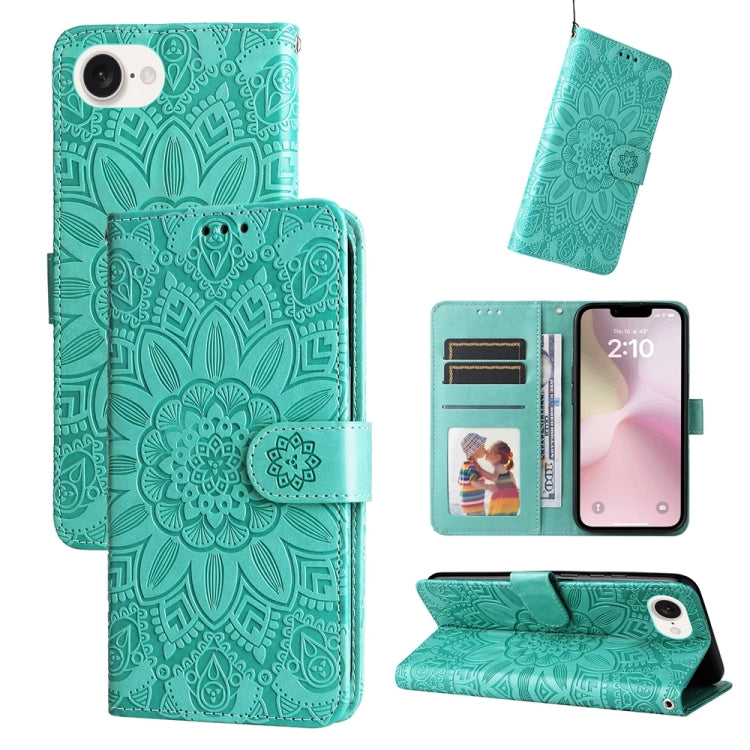 For iPhone 16e Embossed Sunflower Leather Phone Case(Green) by bashfashion
