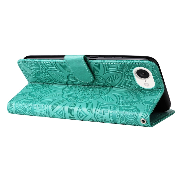 For iPhone 16e Embossed Sunflower Leather Phone Case(Green) by bashfashion