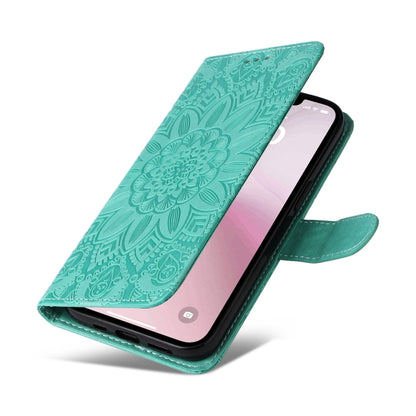 For iPhone 16e Embossed Sunflower Leather Phone Case(Green) by bashfashion