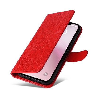 For iPhone 16e Embossed Sunflower Leather Phone Case(Red) by bashfashion