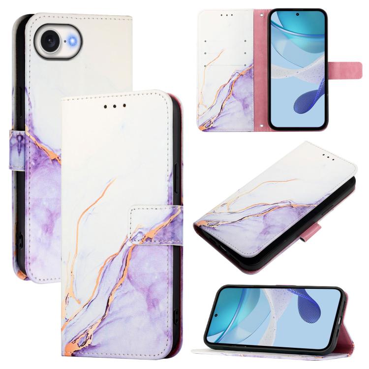 For iPhone 16e PT003 Marble Pattern Flip Leather Phone Case(White Purple) by bashfashion