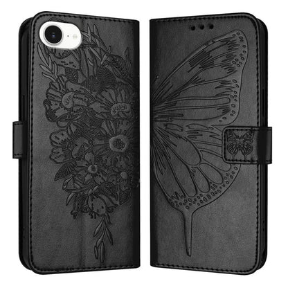 For iPhone 16e Embossed Butterfly Leather Phone Case(Black) by bashfashion