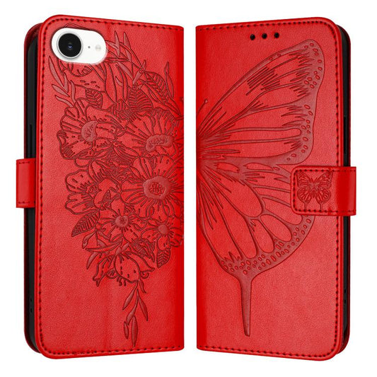 For iPhone 16e Embossed Butterfly Leather Phone Case(Red) by bashfashion