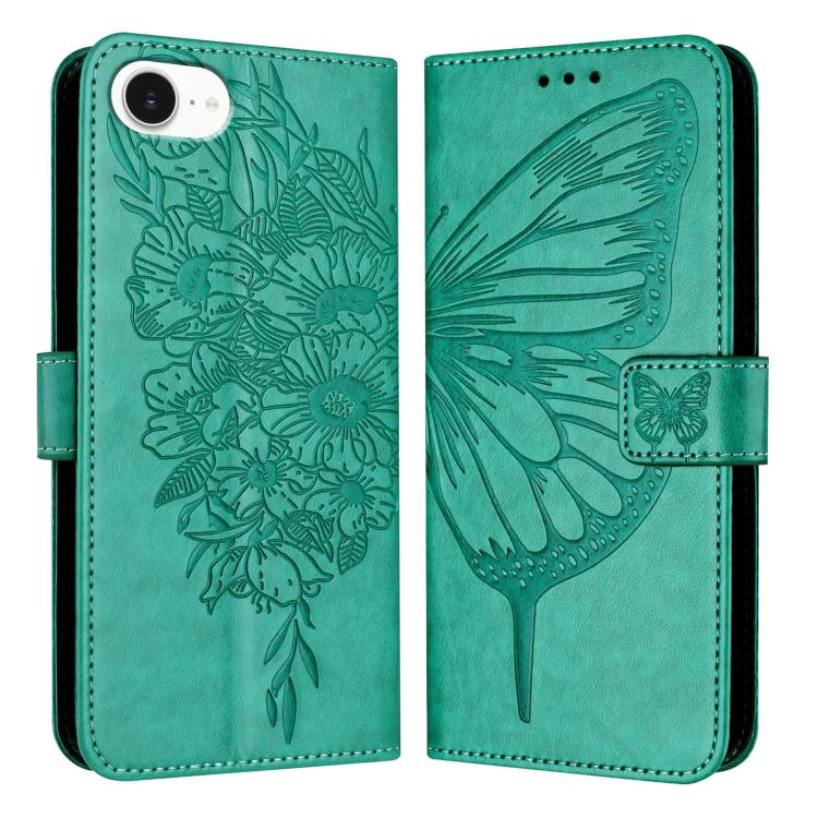 For iPhone 16e Embossed Butterfly Leather Phone Case(Green) by bashfashion