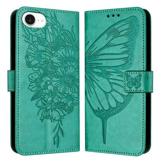 For iPhone 16e Embossed Butterfly Leather Phone Case(Green) by bashfashion