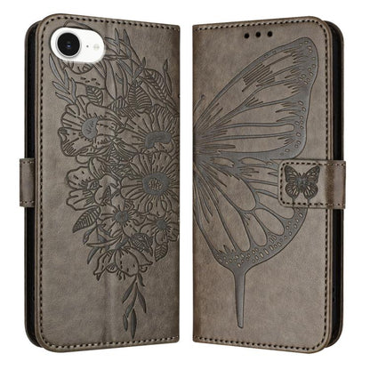 For iPhone 16e Embossed Butterfly Leather Phone Case(Grey) by bashfashion