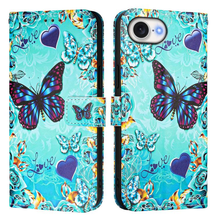 For iPhone 16e Colored Drawing Pattern Plain Weave Leather Phone Case(Caring Butterfly) by bashfashion