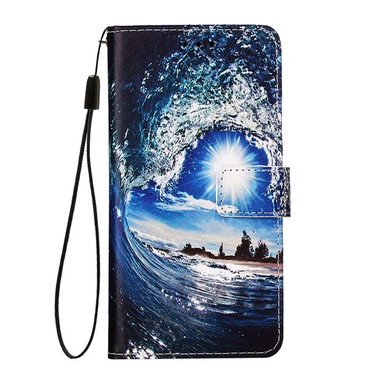 For iPhone 16e Colored Drawing Pattern Plain Weave Leather Phone Case(Waves And Sun) by bashfashion