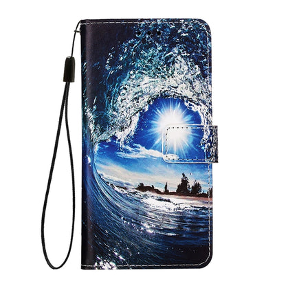 For iPhone 16e Colored Drawing Pattern Plain Weave Leather Phone Case(Waves And Sun) by bashfashion