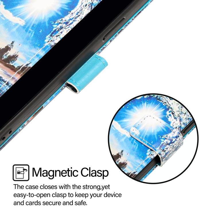 For iPhone 16e Colored Drawing Pattern Plain Weave Leather Phone Case(Waves And Sun) by bashfashion