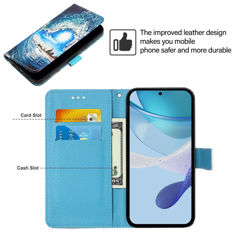 For iPhone 16e Colored Drawing Pattern Plain Weave Leather Phone Case(Waves And Sun) by bashfashion