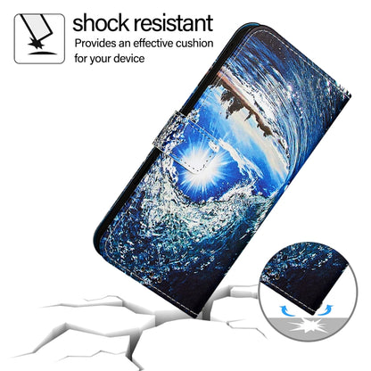 For iPhone 16e Colored Drawing Pattern Plain Weave Leather Phone Case(Waves And Sun) by bashfashion