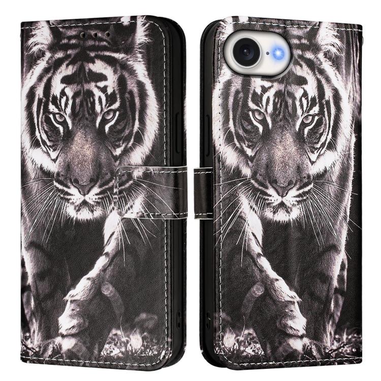 For iPhone 16e Colored Drawing Pattern Plain Weave Leather Phone Case(Black And White Tiger) by bashfashion