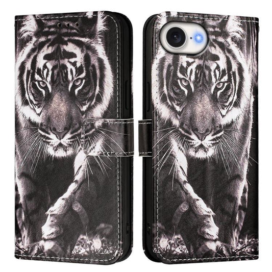 For iPhone 16e Colored Drawing Pattern Plain Weave Leather Phone Case(Black And White Tiger) by bashfashion