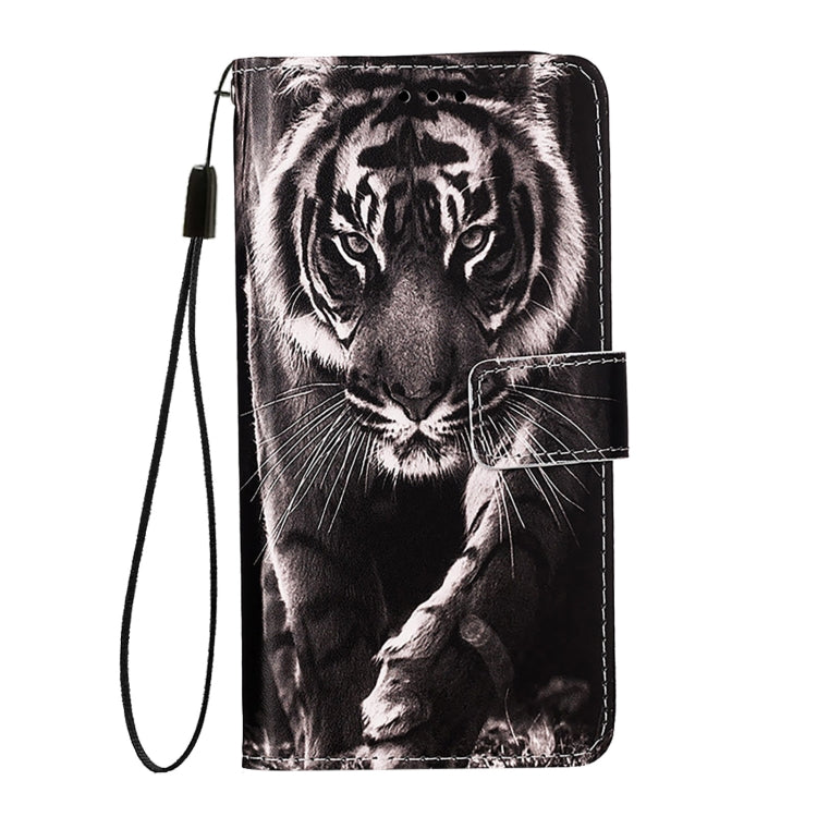 For iPhone 16e Colored Drawing Pattern Plain Weave Leather Phone Case(Black And White Tiger) by bashfashion