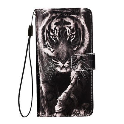 For iPhone 16e Colored Drawing Pattern Plain Weave Leather Phone Case(Black And White Tiger) by bashfashion