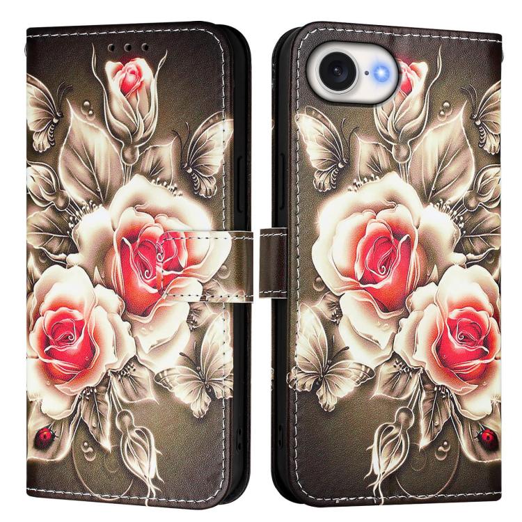 For iPhone 16e Colored Drawing Pattern Plain Weave Leather Phone Case(Roses On Black) by bashfashion