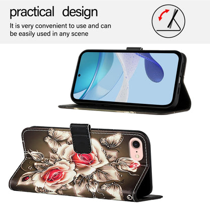 For iPhone 16e Colored Drawing Pattern Plain Weave Leather Phone Case(Roses On Black) by bashfashion