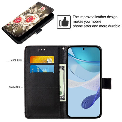 For iPhone 16e Colored Drawing Pattern Plain Weave Leather Phone Case(Roses On Black) by bashfashion