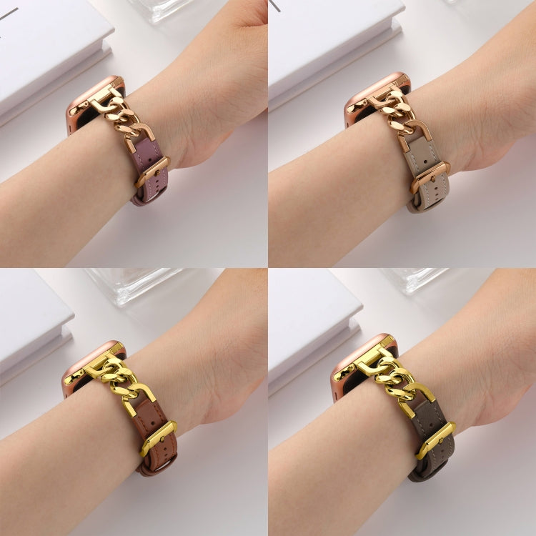 For Apple Watch Series 9 45mm Chain Genuine Leather Watch Band, Size: S(Gold Brown) by bashfashion
