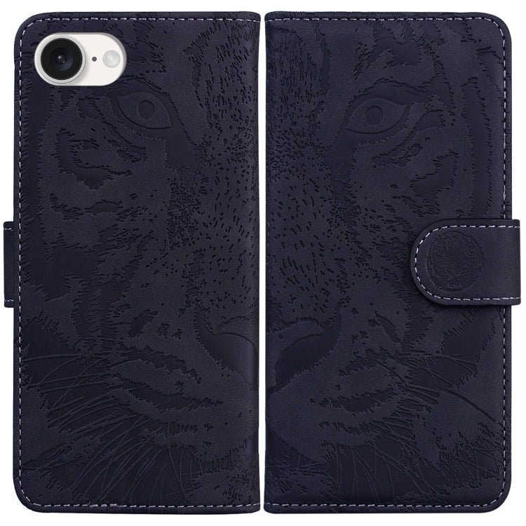 For iPhone 16e Tiger Embossing Pattern Leather Phone Case(Black) by bashfashion