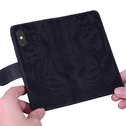 For iPhone 16e Tiger Embossing Pattern Leather Phone Case(Black) by bashfashion