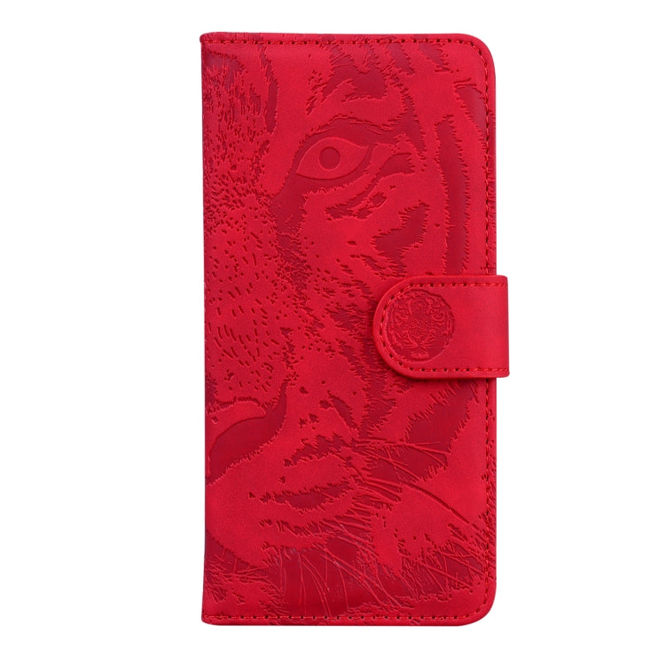 For iPhone 16e Tiger Embossing Pattern Leather Phone Case(Red) by bashfashion